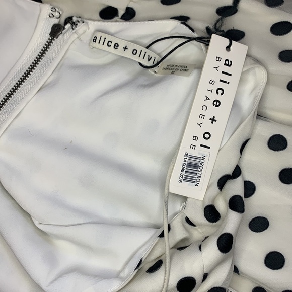 Nwt Alice + Olivia black and white silk marble polkadot faux wrap high-low dress - Picture 7 of 8